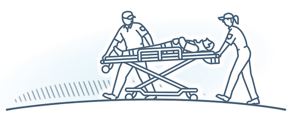 Injury, Liability & Accidents. Illustration depicts EMT's attending to injured person on a stretcher.