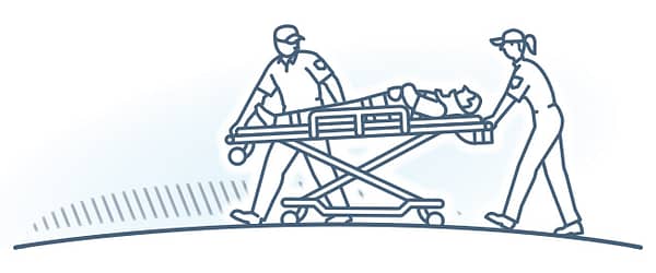 Injury, Liability & Accidents. Illustration depicts EMT's attending to injured person on a stretcher.