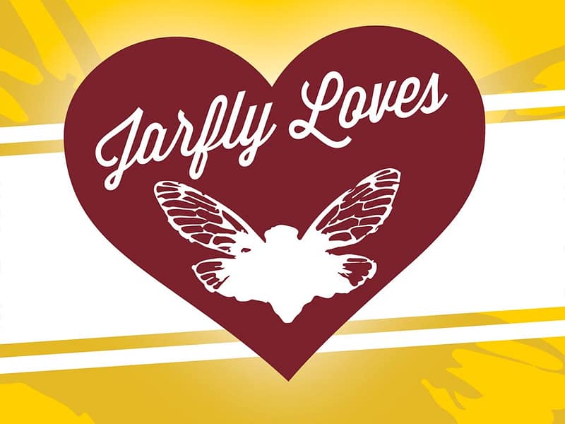 Graphic heart with Jarfly logo.