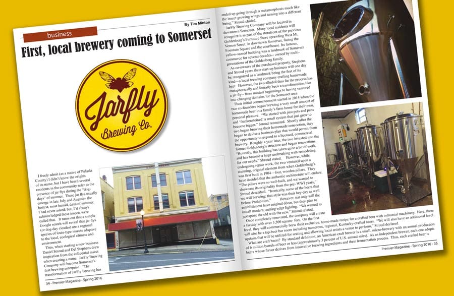 Open magazine spread featuring Jarfly Brewing Company